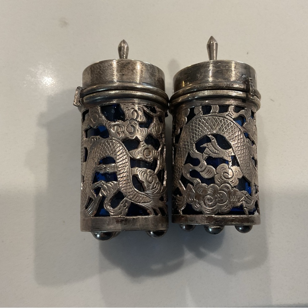 Vintage Ornate Silver Salt and Pepper Shakers with cobalt glass Liner